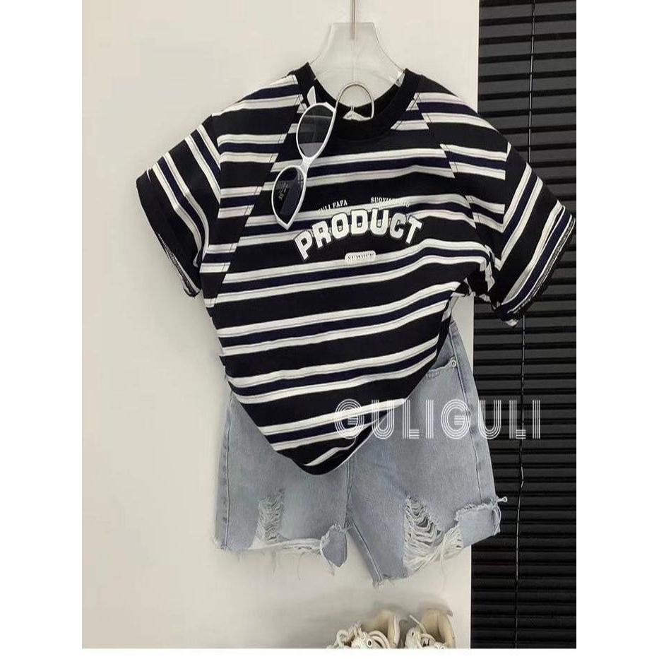 Verão crianças novo estilo Preppy listrado solto camiseta meninos meninas moda na moda estilo coreano bebê topo meia man