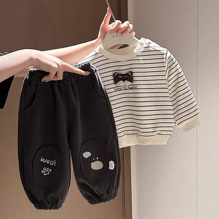 Bebê listrado moletom conjunto primavera outono novo estilo bebê menino dos desenhos animados bonito calças de manga com