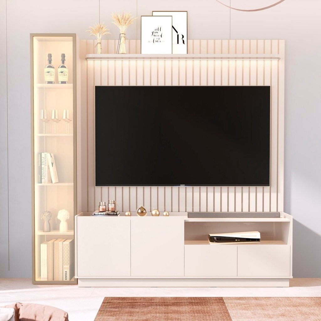 Rack com Painel para TV até 75 Polegadas Ripado com LED e Vidro Reflecta 100% MDF 219CMX223CM Vitoria Regia Yescasa