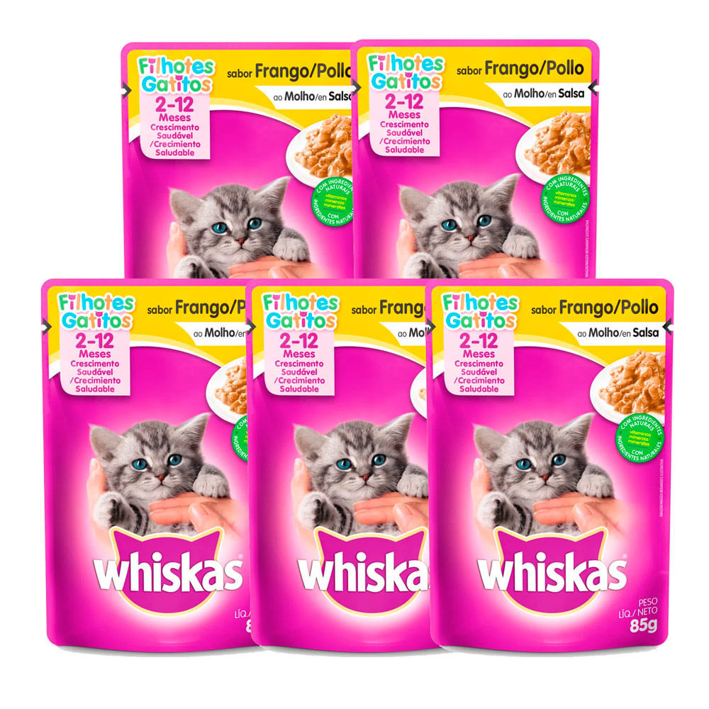 Kit 5 Ração para Gatos Whiskas Filhotes 2 a 12 Meses Sabor Frango ao Molho Sachê 85g