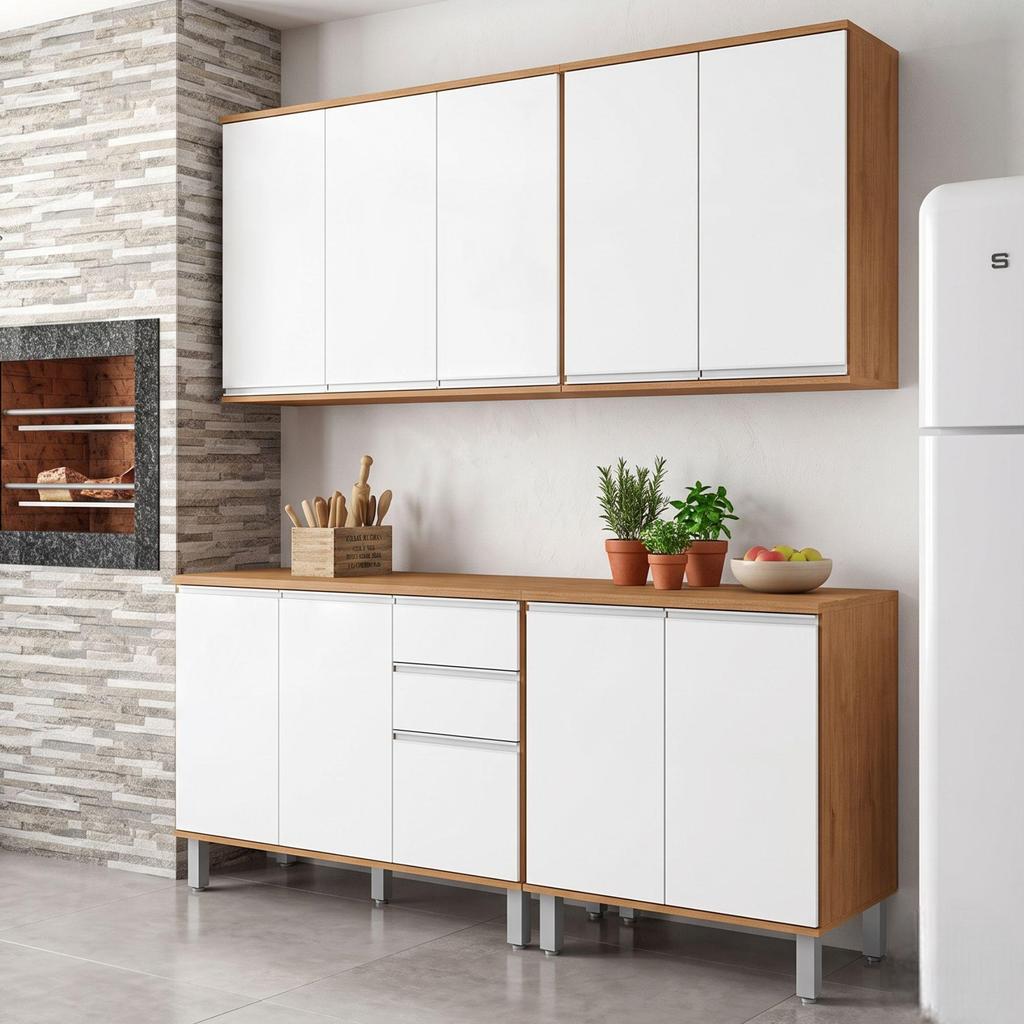 Cozinha Completa Modulada 4 Peças 10 Portas 2 Gavetas Nina Amêndo/Branco