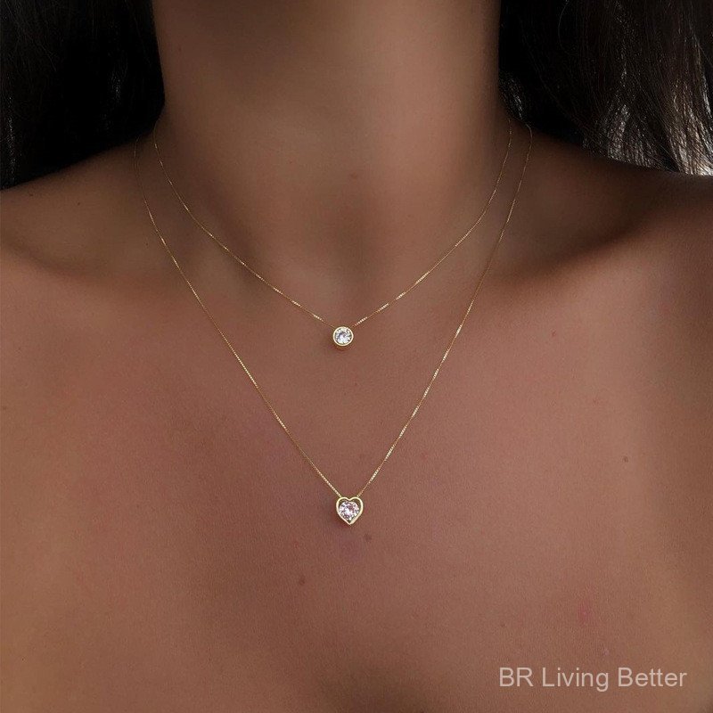 Colar de liga metálica mais vendido, joia elegante com pingente em forma de coração e gota d'água em várias camadas, cor