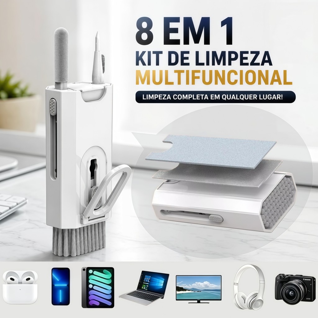 Kit de Limpeza 8 em 1 Portátil Branco, Mantém Teclado, Fones e Telas Sem Poeira Sem Arranhar Dispositivos Eletrônicos