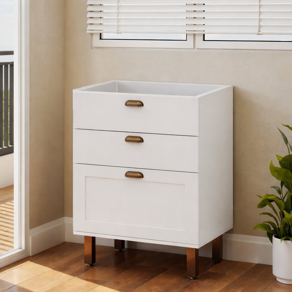 Balcão para Cozinha 3 Gavetas sem Tampo Iluminata Branco/Fosco Branco Fosco