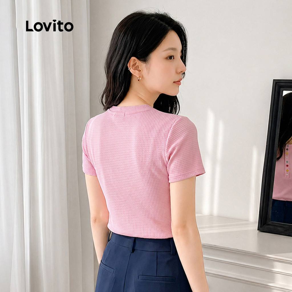 Lovito Camiseta Rosa Botão Elegante Confortável Texturizada Primavera/Verão Feminina TSB199P2D159 · foto 2