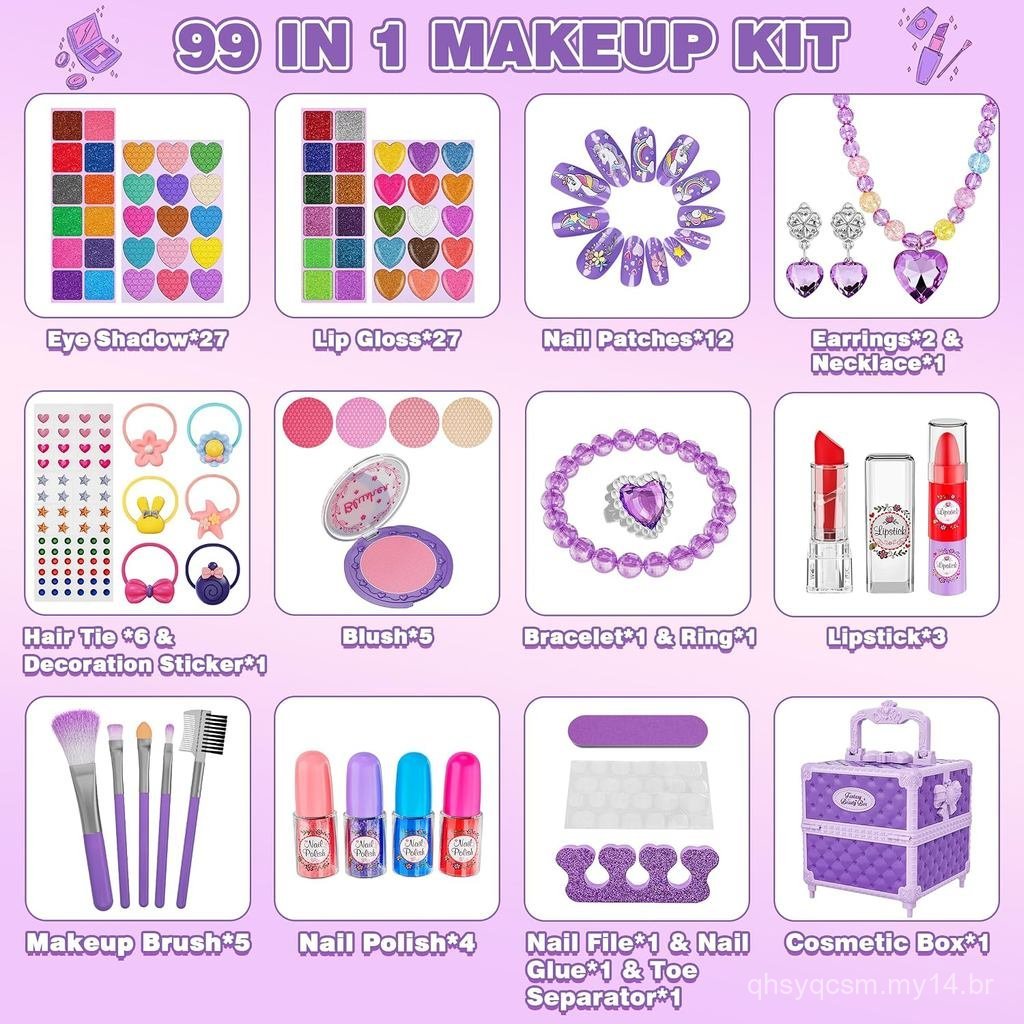 Kit de Maquiagem Infantil com 99 Peças para Meninas, Brinquedos de Princesa, Conjunto de Cosméticos Laváveis com Espelho