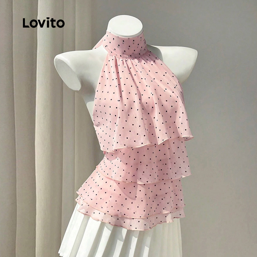 Lovito Blusa Rosa Elegante De Bolinhas Com Decote Halter Sem Mangas E Camadas De Babados Para a Primavera/verão E Para O Trabalho Feminina LR41E059 · foto 2