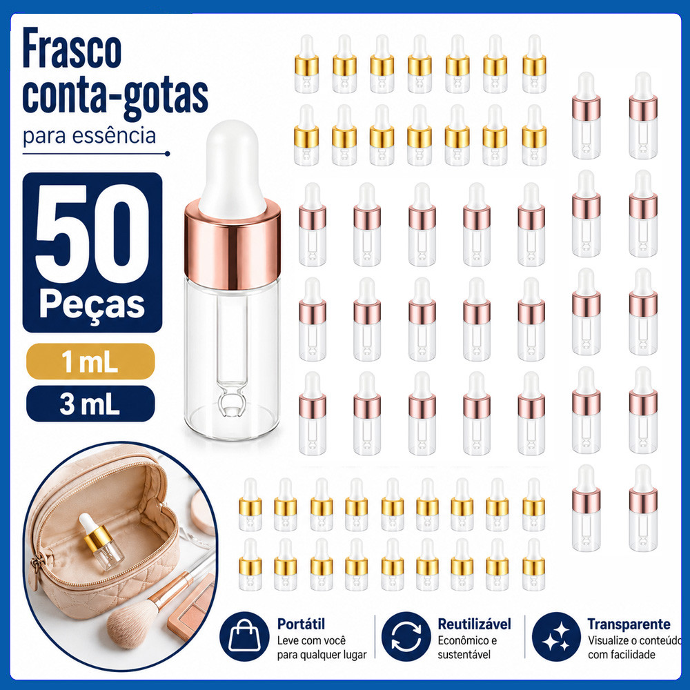 Tubos Conta-Gotas de Vidro 1mL/3mL 50 Peças para Perfumaria, Maquiagem, Essências, Amostras e Uso Profissional