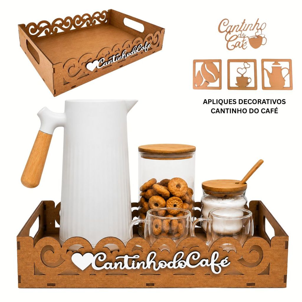 Bandeja Cantinho Do Café + 4 Apliques Parede Conjunto Decorativo Aparador Apoio Para Servir Café Chá