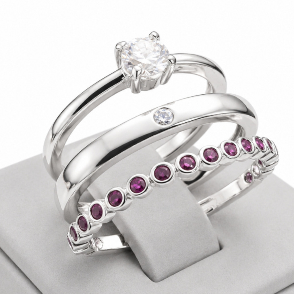 Kit 3 Anéis Femininos Ajustáveis Banhado a Prata P925 com Zircônia Cristal e Pedras Vermelhas Elegante Delicado