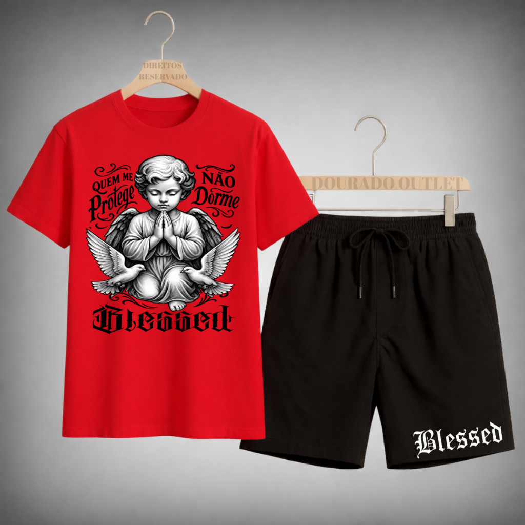 Conjunto Camiseta + Shorts Mauricinho Masculino ANJO BLESSED Lançamento Alta Qualidade Exclusivo Primavera Verão