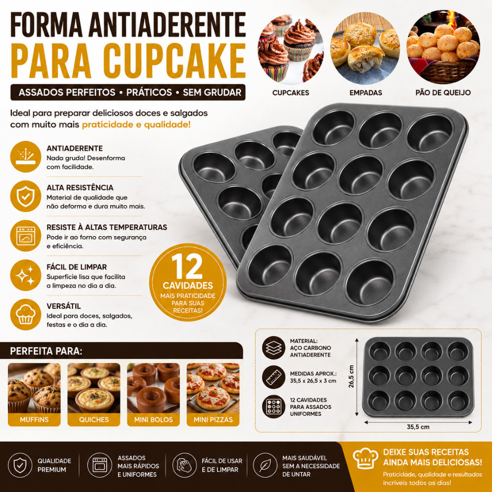 Forma Para Cupcake 12 Cavidades Antiaderente Aço Carbono Assadeira Para Muffin Empada E Pão De Queijo