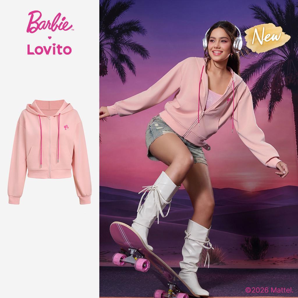 (New Arrival) Barbie™ X Lovito Jaqueta Rosa Feminina Outono/Inverno Manga Longa