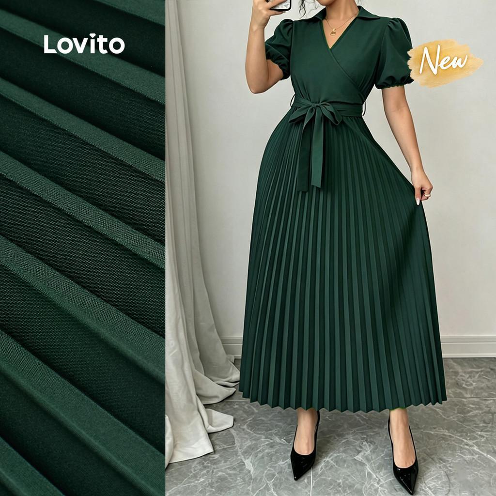 (New Arrival) Lovito Vestido Elegante Plissado com Cinto Vestido Verde de Primav
