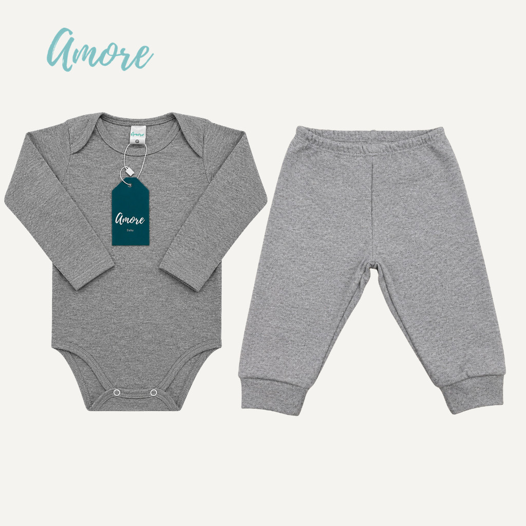 Conjunto Body Manga Longa Amore Cinza e Calça Cinza 100% Algodão