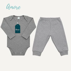 Conjunto Body Manga Longa Amore Cinza e Calça Cinza 100% Algodão