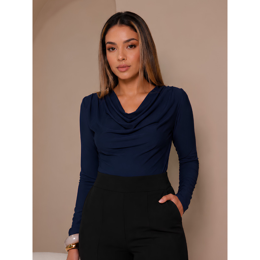 Blusa Feminina Elegante Manga Longa Social Gola Drapeada para Trabalho Confortavel