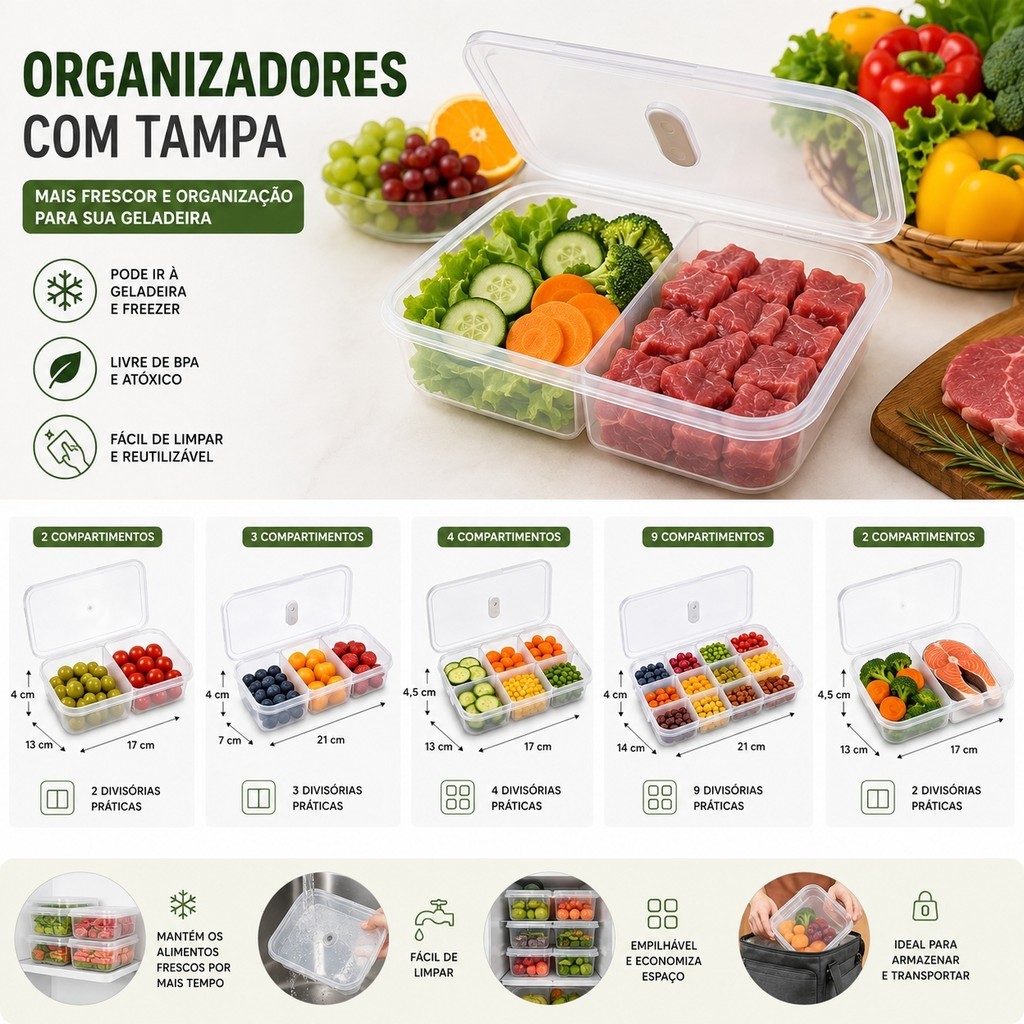 Pote Organizador de Geladeira com Divisórias e Tampa | Empilhável para Alimentos