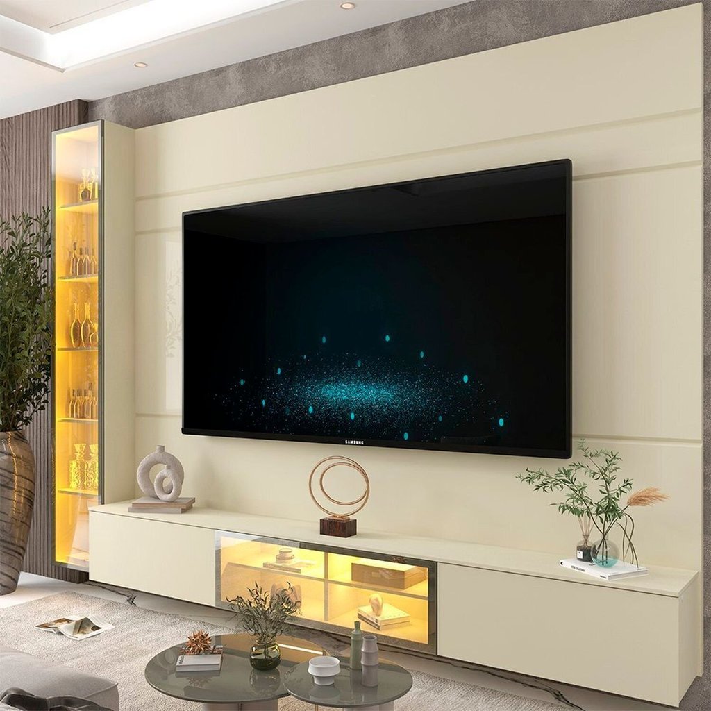 Estante para TV e Home Theater até 84 Polegadas com LED com Vidro Reflecta 100% MDF 255,2CMX217,6cm LED e Porta