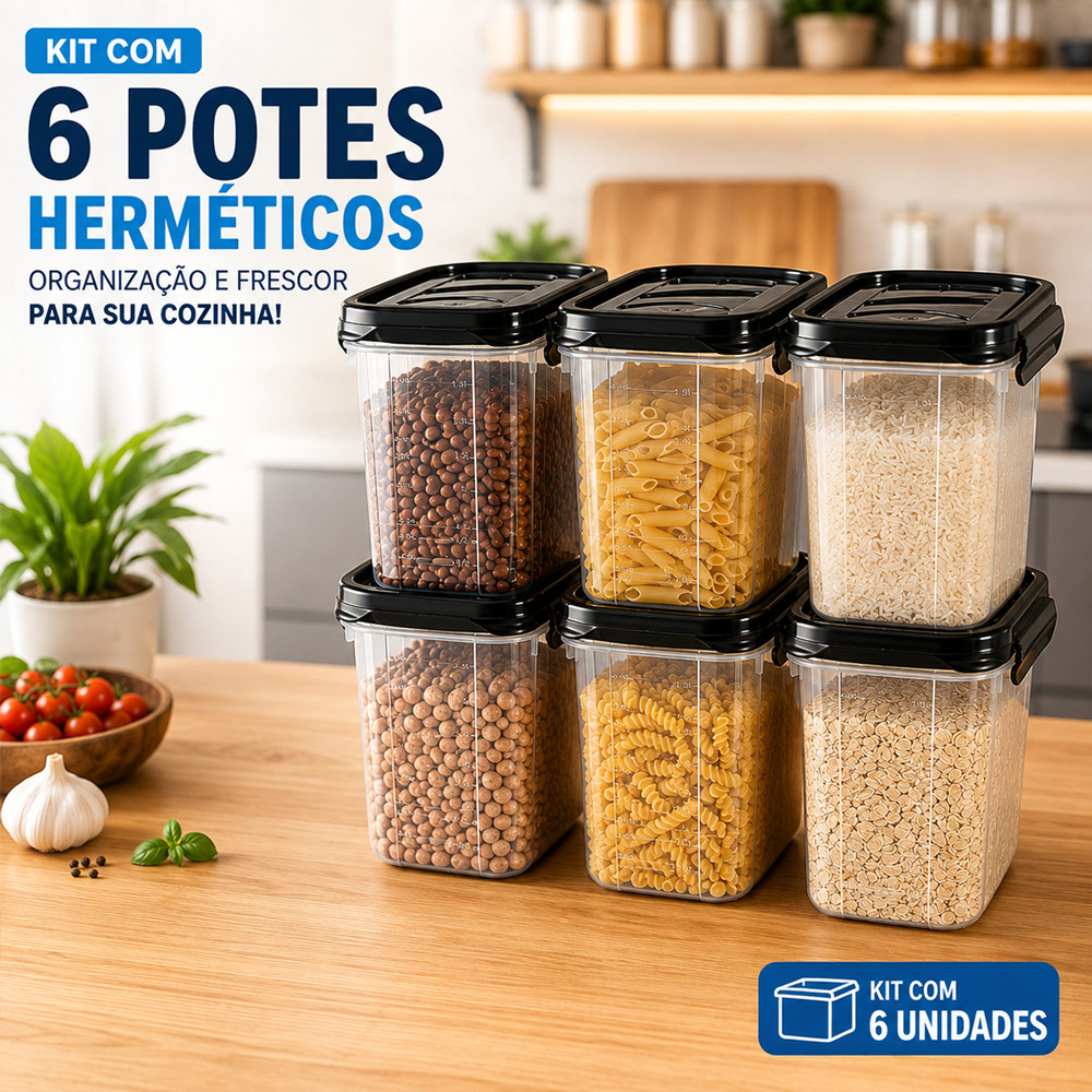 Kit com 6 Potes Herméticos Marmita 500Ml 850Ml 2,2L Com Travas Laterais - Livre de BPA Alimentos