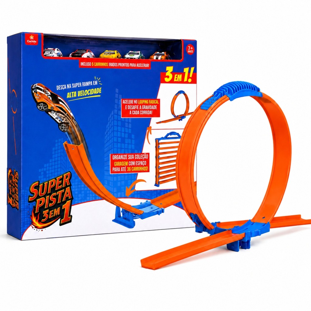 Super Pista 3 Em 1 Castela Looping Rampa Expositor Com 5 Carrinhos Coloridos Bri
