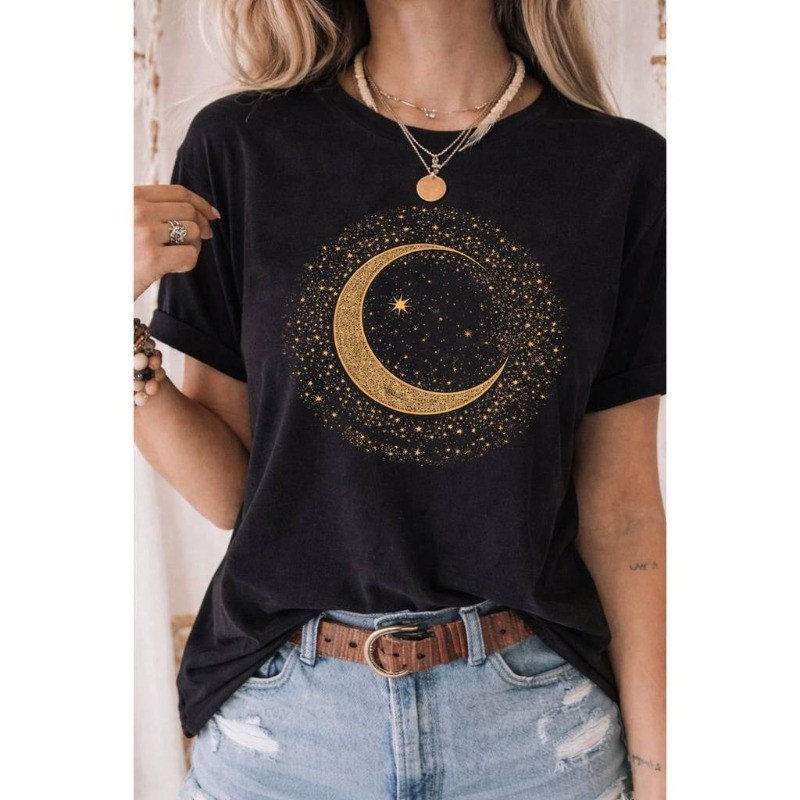 Tshirt Feminina Estilosa Camisa Estampada Círculo de Lua Blusa Feminina Roupa Feminina Elegante top