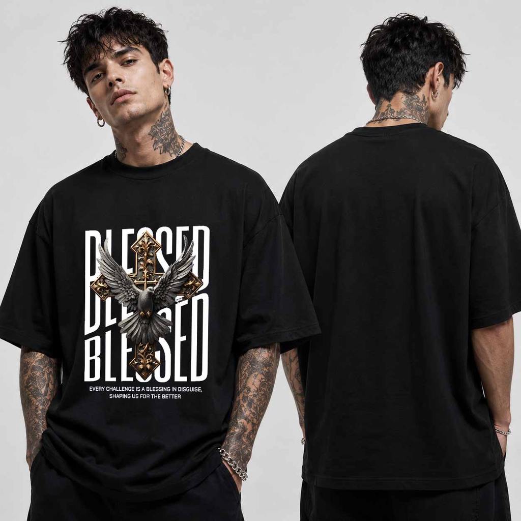 Camiseta Oversized Unissex Blessed Pomba Cruz Religiosa Streetwear Estampa Premium 100% Algodão