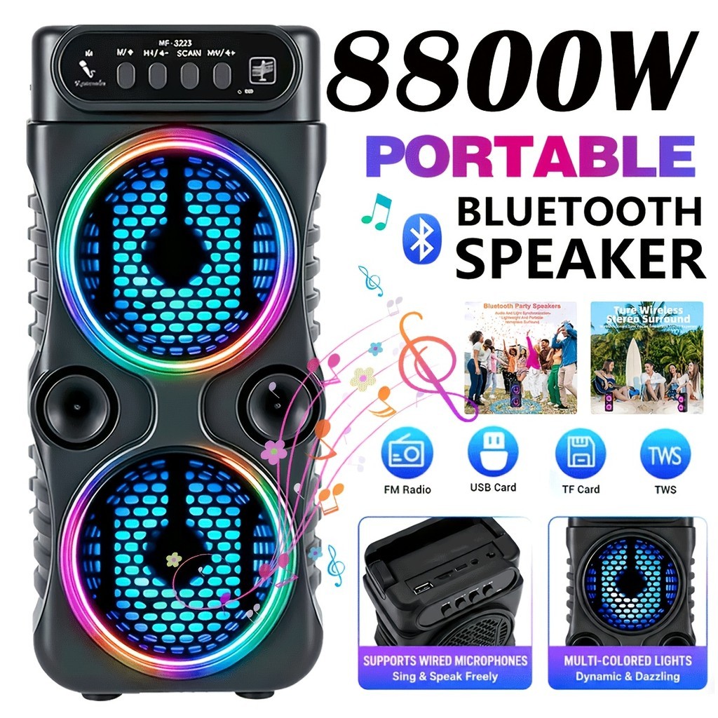 Alto-falante Bluetooth amplificador PA portátil de 8800 W, com luz RGB, alto-falante Subwoofer leve, com rádio FM, supor
