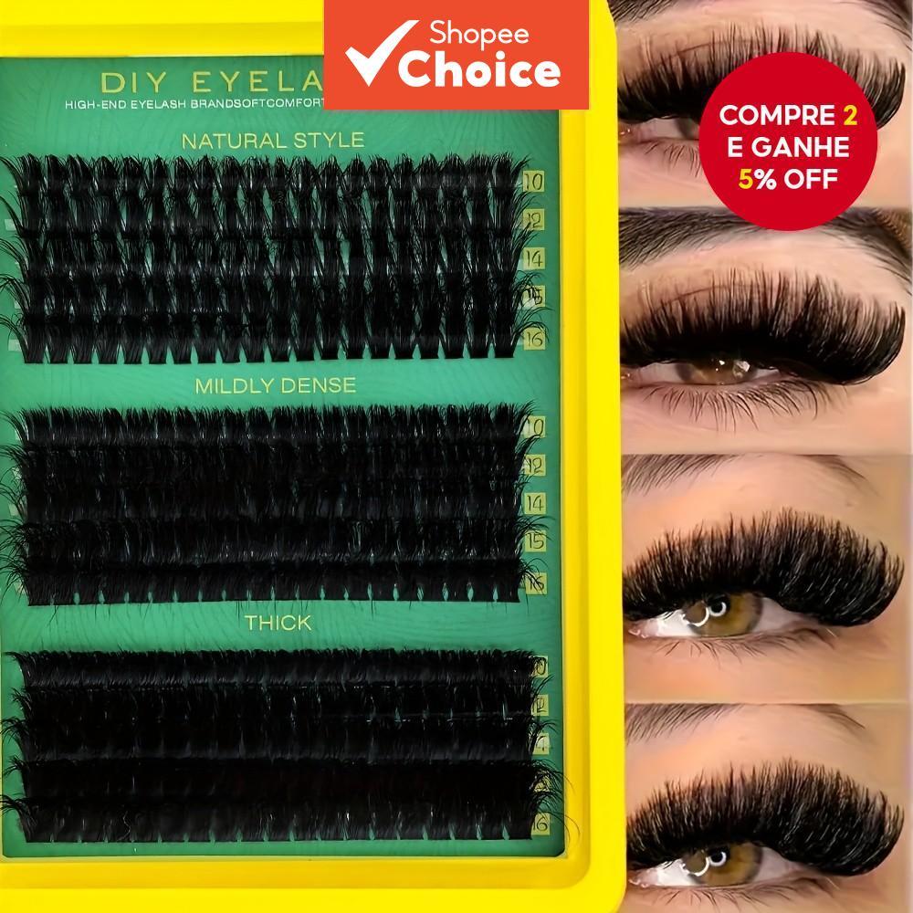 Kit de Extensão de Cílios 300 Aglomerados DIY - Cílios Russos Fofos DD Curl, Comprimentos Mistos 10-16mm, Espessura