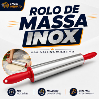 Rolo de Massa Profissional 38CM Giratório em Inox Para Abrir Massas Pão Pães Macarrão e Pizza
