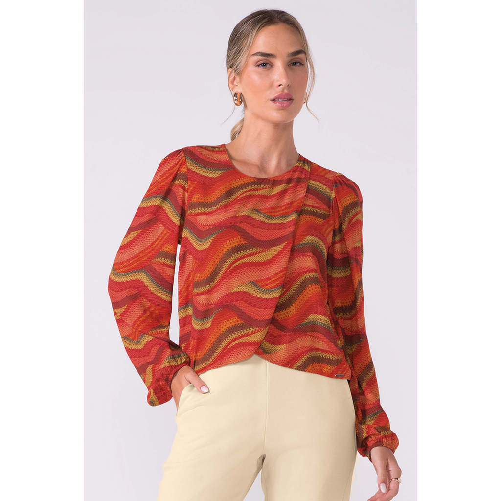 Blusa Feminina Manga Longa Transpassada Abstrata Marialícia Rosa