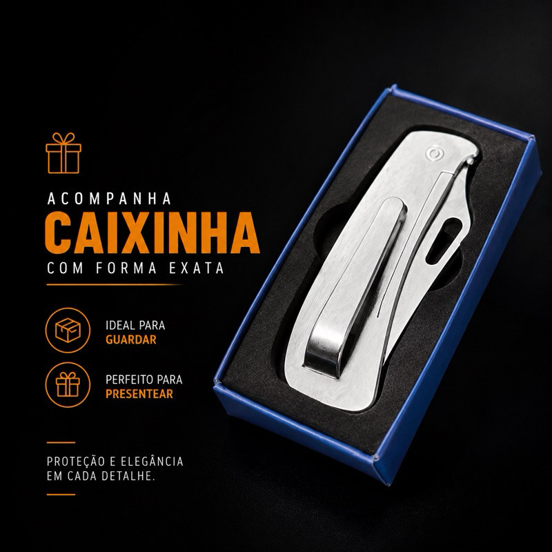 Canivete Monobloco Inox Com Presilha de Bolso e Caixinha Profissional Pesca Churrasco