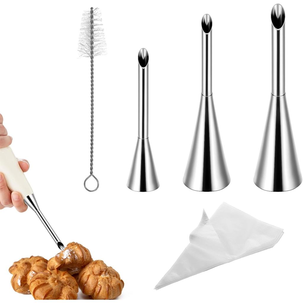 Kit de Bicos para Recheio de Creme, 3 Bicos Longos de Aço Inoxidável com 50 Sacos de Confeitar Descartáveis e Escova de 