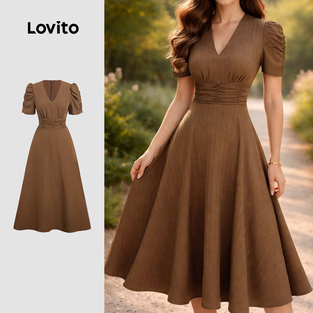 Lovito Vestido Elegante com Zíper Vestido Marrom Clássico e Versátil para a primavera/verão LBL36143