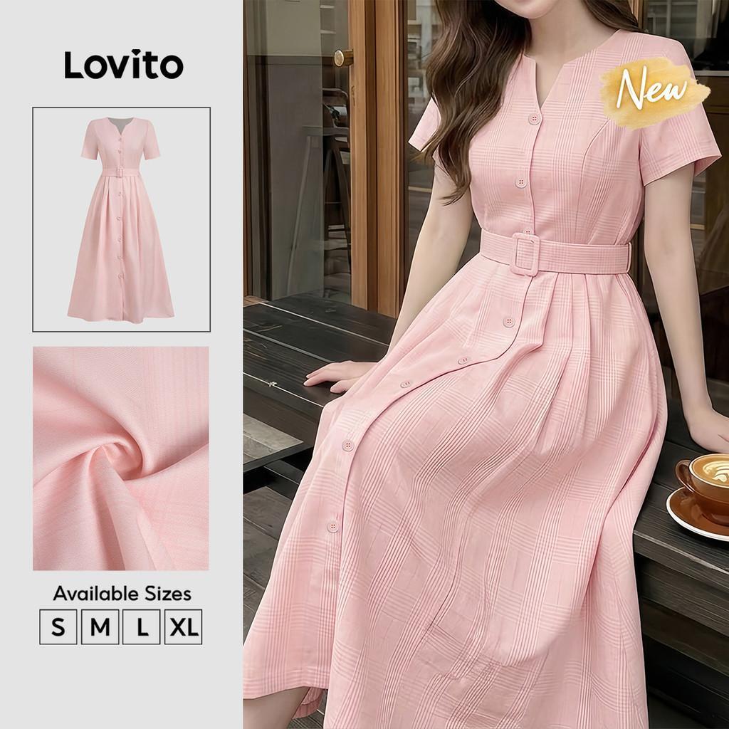 (New Arrival) Lovito Vestido Casual Feminino Rosa com Botão e Cinto primavera/ve