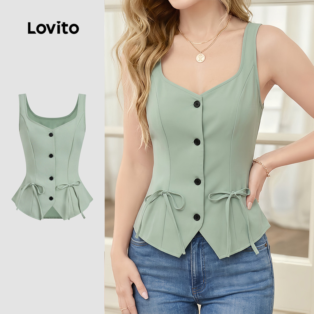 (New Arrival) Lovito Blusa Elegante com Botões Frontais para O Dia a Dia Confort