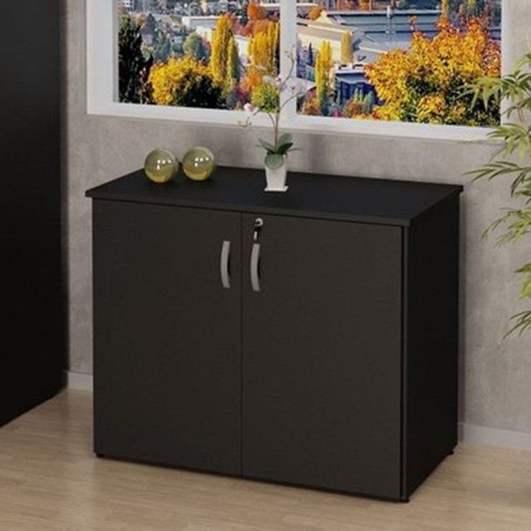 Armário para Escritório Multiuso Baixo Fechado 2 Portas 80cm Preto Preto