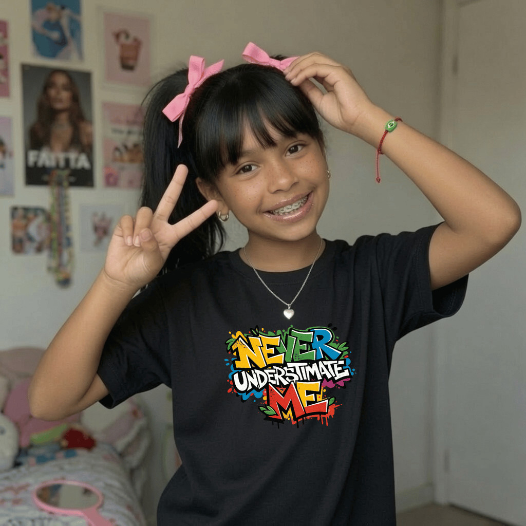 Camiseta Infantil Estampada Never me Colorido 100% Básica Manga Curta Unissex Masculina e Feminino Básica