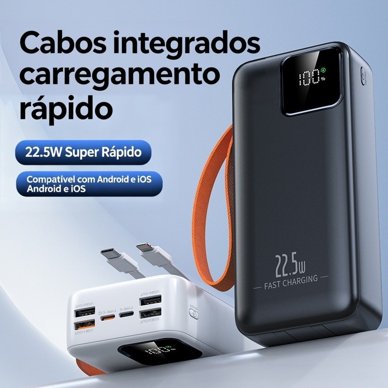 Carregador Portátil com Turbo 22.5W e Fio Integrado, Alta Capacidade para Viagens e Uso Diário