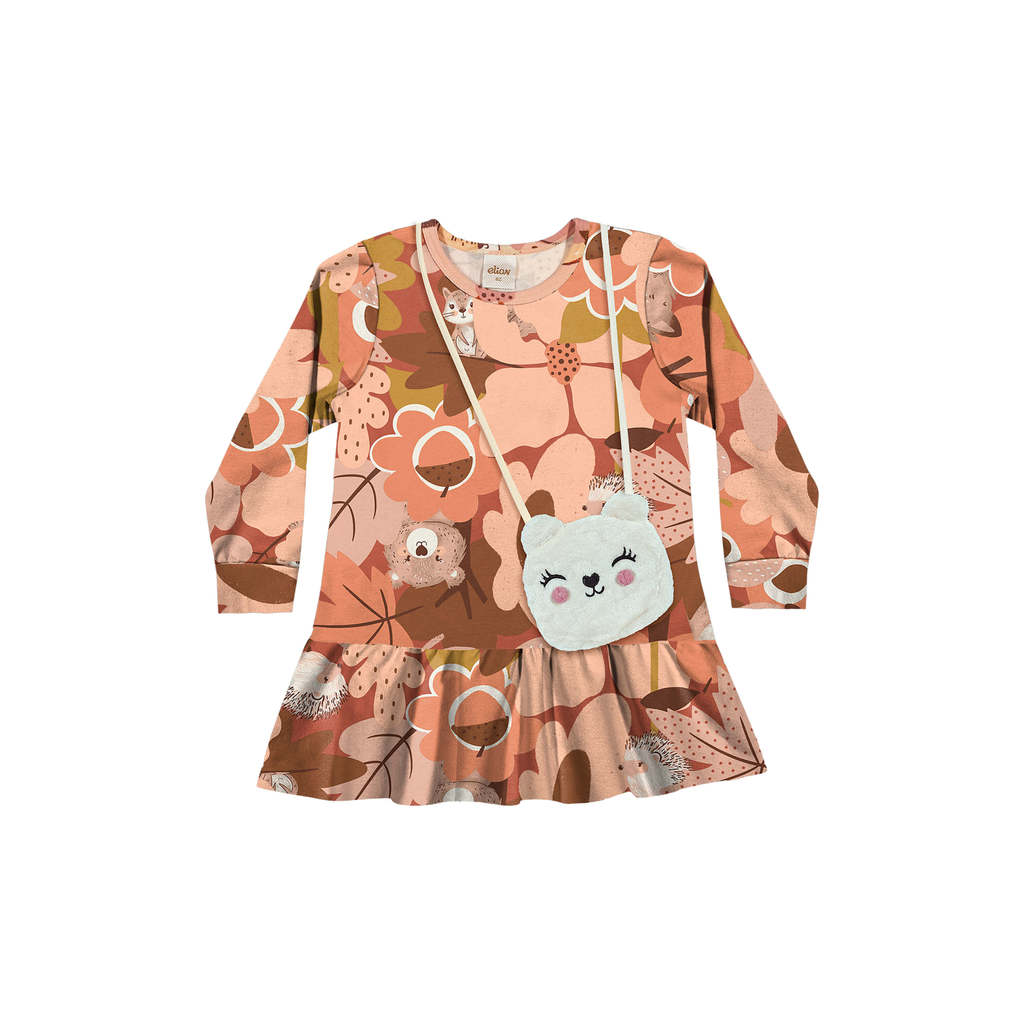 Vestido Infantil Menina Floral Com Bolsa Elian Laranja