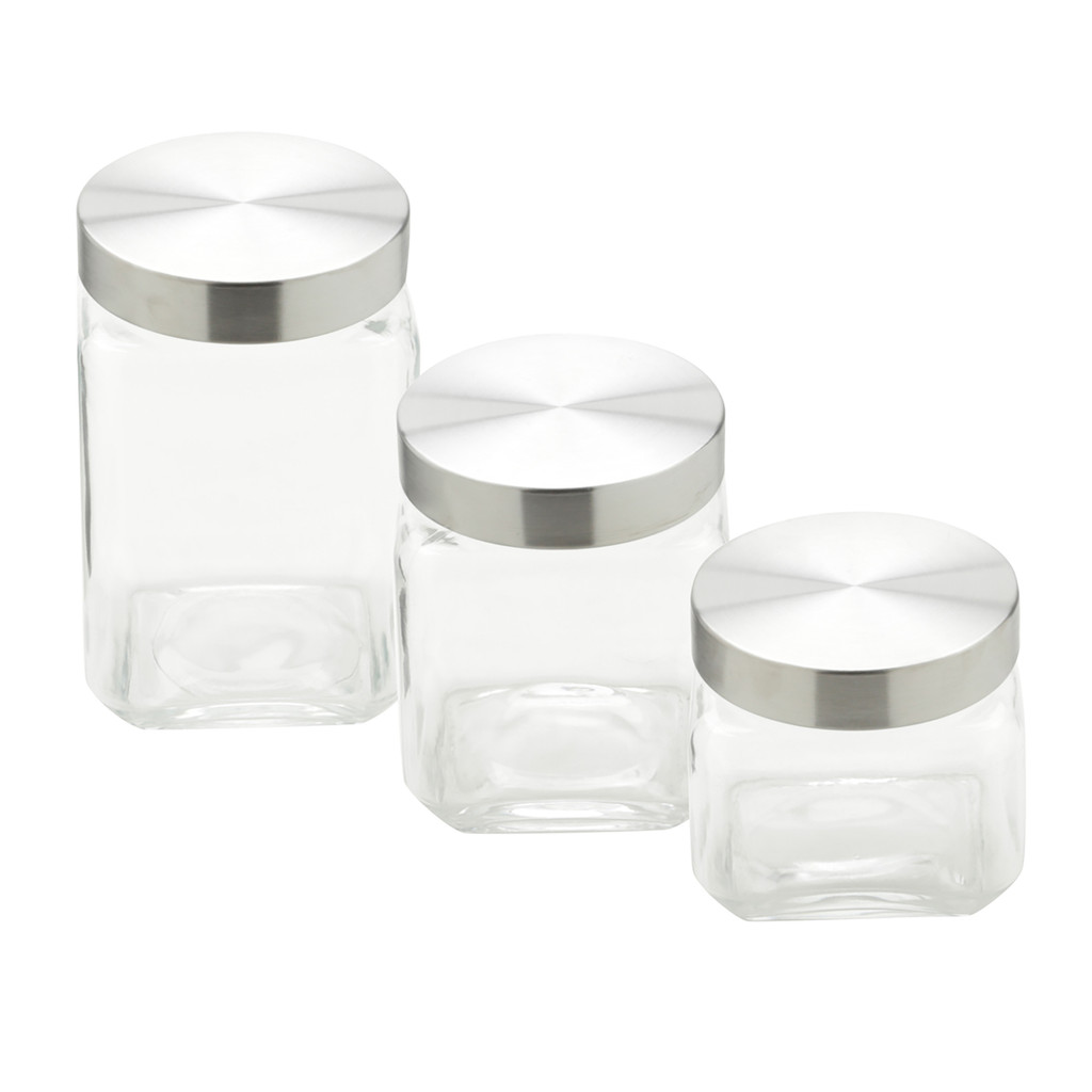 Conjunto 3 Porta Mantimentos de Vidro com Tampa de Aço Quadrado 790ml/1,2L/1,6L Wolff