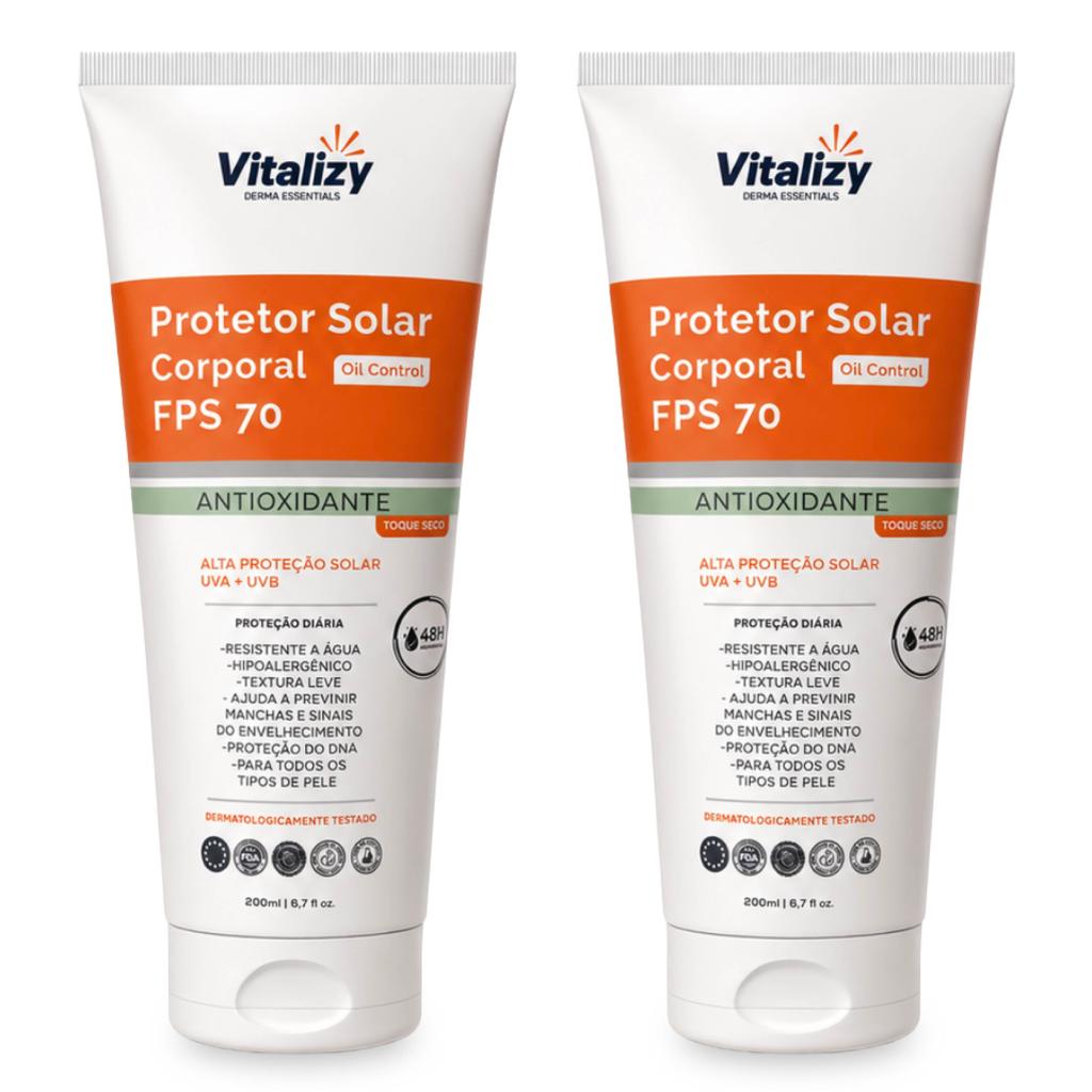Kit 2x200ml Protetor Solar Corporal 70 FPS Oil Control Antioxidante Toque Seco Alta Proteção Solar UVA UVB Vitalizy