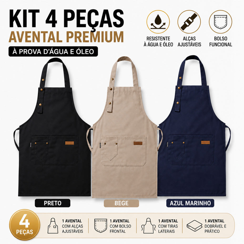 Imagem Kit 4 Aventais Multiuso Profissional com Bolso Frontal Ajustável para Cozinha Churrasco Confeitaria Artesanato