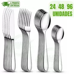Kit Talheres Inox 24 48 96 Peças Garfo Faca Colher e Colher Sobremesa Jogo Completo Cozinha Restaurante Festa Resistente