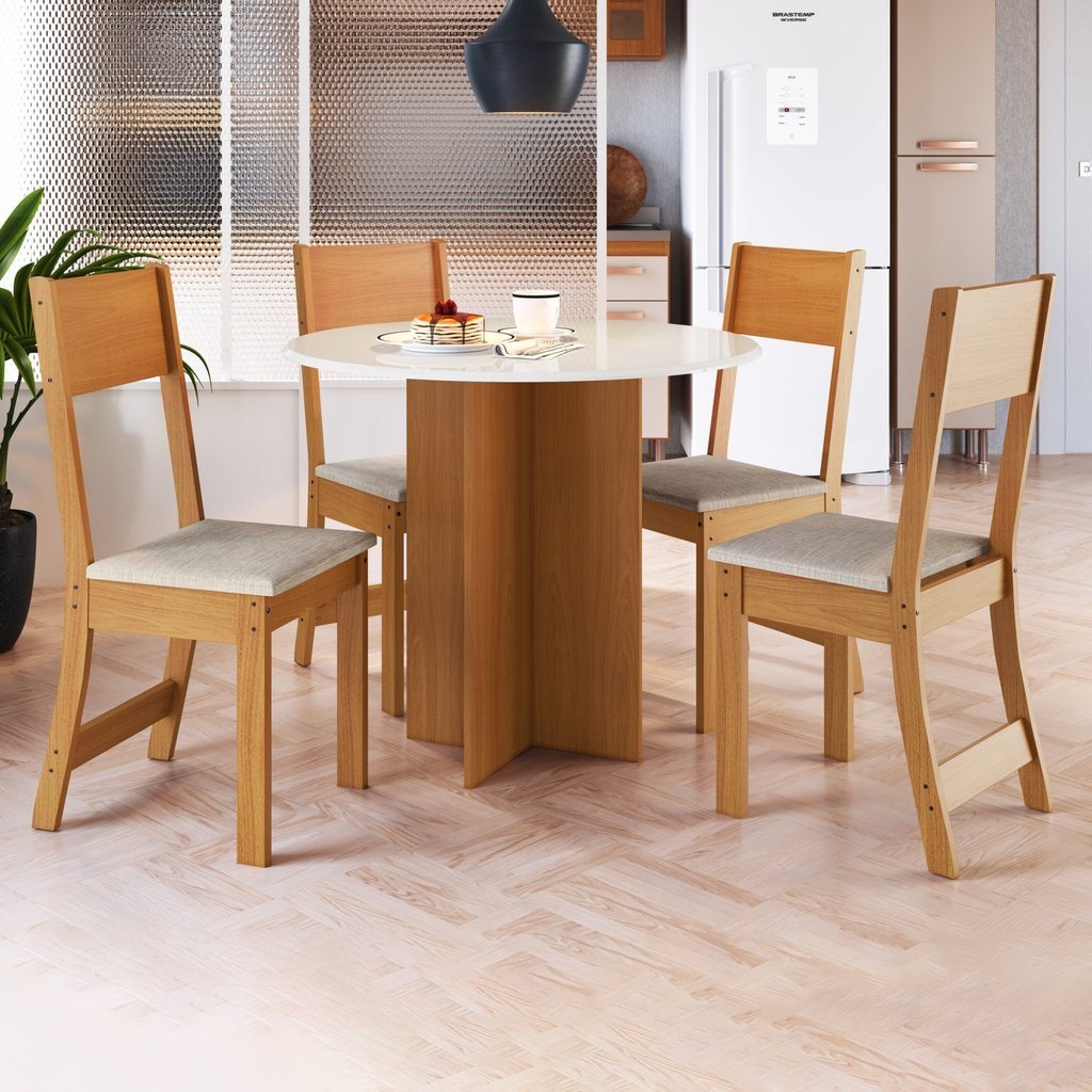 Conjunto Sala de Jantar 1 Mesa Tampo MDF Redondo 4 Cadeiras Malta Amarelo/Freijó/Off/Linho Freijó/Off White/Linho