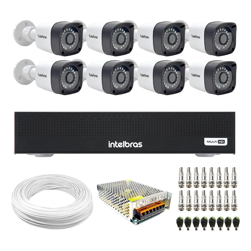 Kit 8 Câmeras Full HD 1080p Bullet Visão Noturna 20M Proteção IP66 TF + DVR Gravador Intelbras MHDX 1108-C 8 Canais