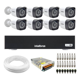 Kit 8 Câmeras Full HD 1080p Bullet Visão Noturna 20M Proteção IP66 TF + DVR Gravador Intelbras MHDX 1108-C 8 Canais