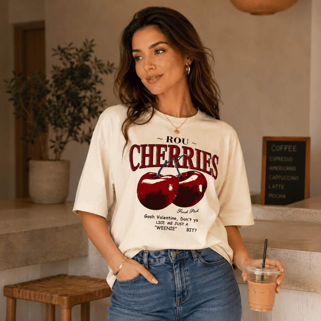 Camiseta Feminina Estilosa Estampada Cherries -  100% Algodão Premium Cereja T-Shirt Estilosa Versátil Casual Feminina