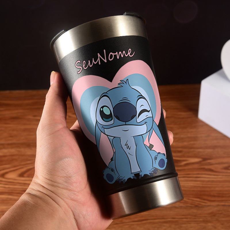copo termico Personalizado aço inoxidável 473ml Portátil Reutilizável Abridor De Garrafa Stitch da Disney Onça Rosa — imagem 2 de 2