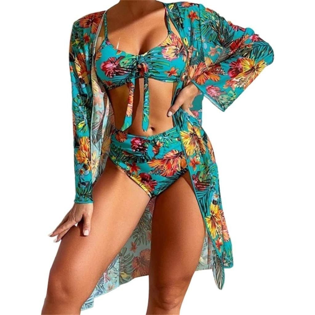 Biquíni feminino de alças finas, conjunto de 3 peças, biquíni feminino de duas peças com estampa floral e kimono.